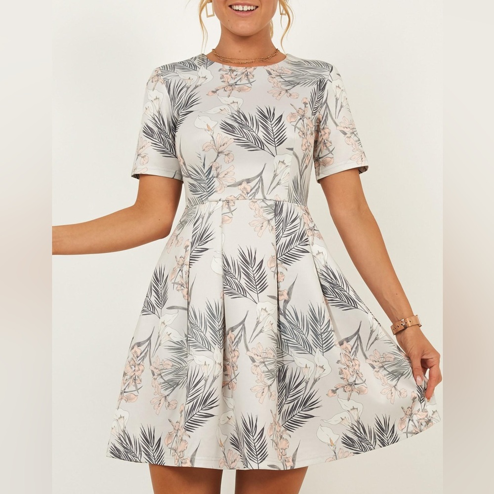 Gently worn Showpo grey dress with floral detaisl